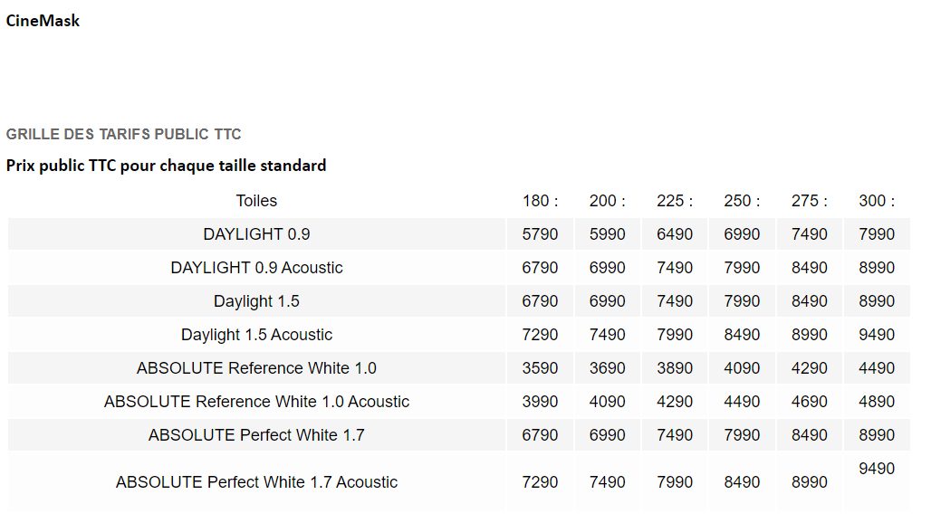 tarifs xtrem screen Elite CineMask on ceiling