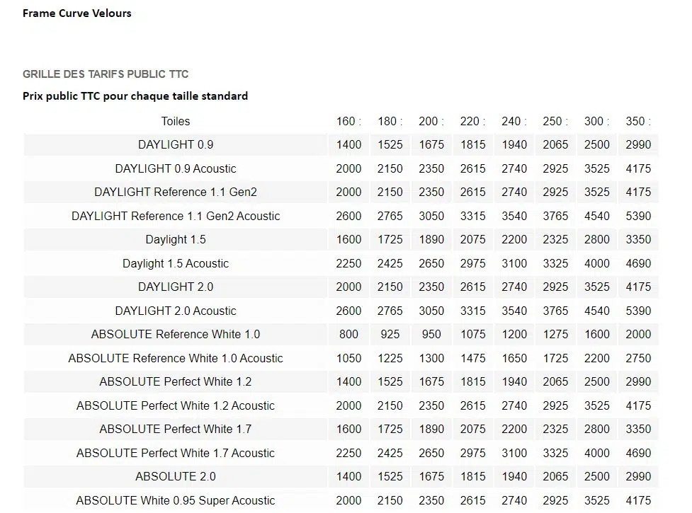 tarifs xtrem screen frame curve velours