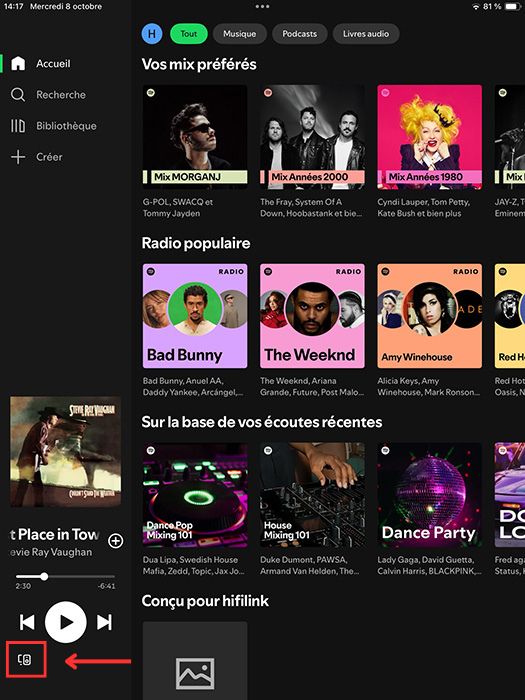 icône correspondant à Spotify Connect pour rechercher votre streamer